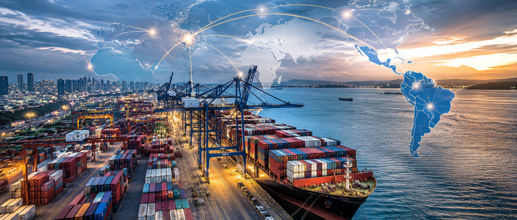Puerto de carga conectado a rutas comerciales globales que ilustran la expansión de la Nueva Ruta de la Seda en América Latina.