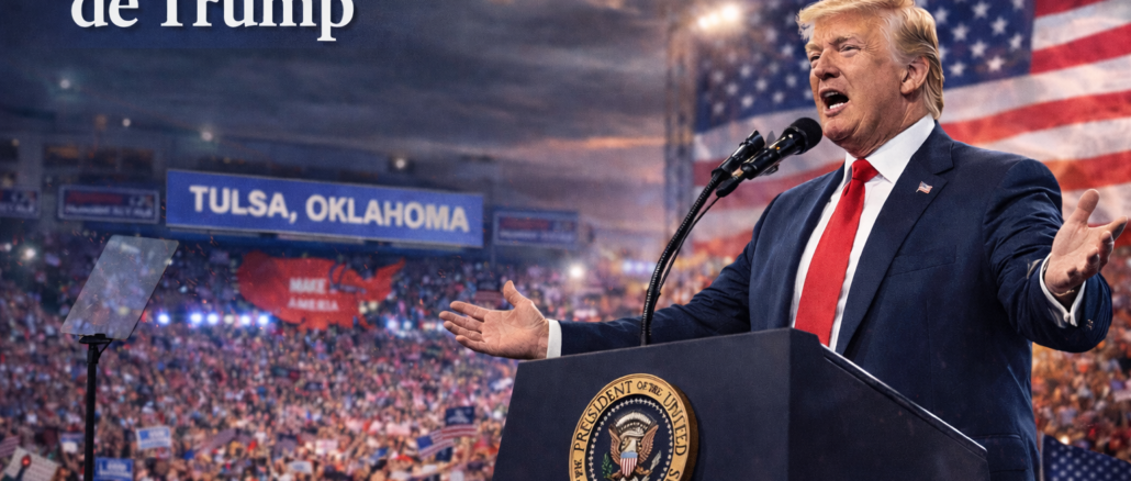 Donald Trump pronunciando un discurso durante el rally político en Tulsa Oklahoma frente a miles de seguidores.
