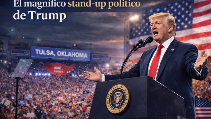 Donald Trump pronunciando un discurso durante el rally político en Tulsa Oklahoma frente a miles de seguidores.