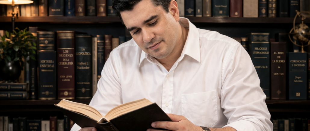 análisis geopolítico en biblioteca con libros de historia política y estudio del contexto internacional