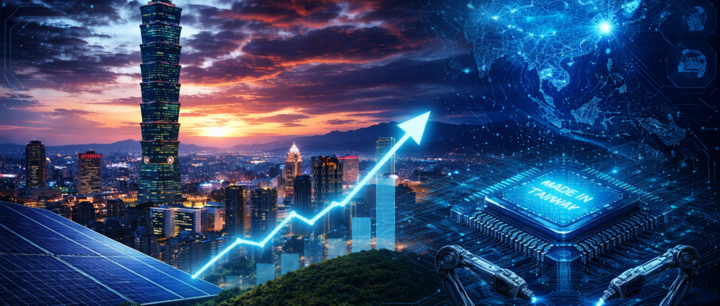 Vista de Taiwán con elementos tecnológicos y semiconductores representando su modelo productivo avanzado