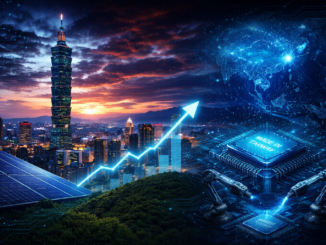 Vista de Taiwán con elementos tecnológicos y semiconductores representando su modelo productivo avanzado