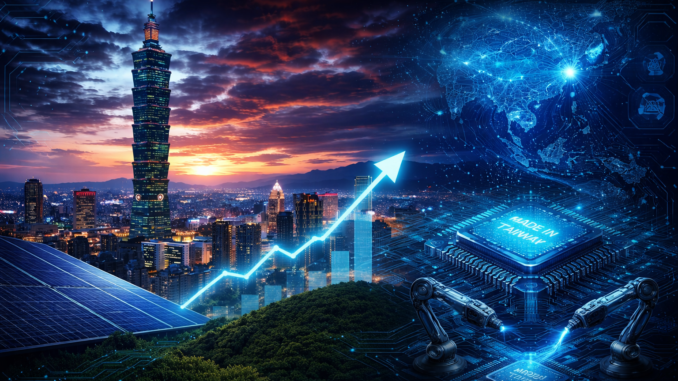 Vista de Taiwán con elementos tecnológicos y semiconductores representando su modelo productivo avanzado
