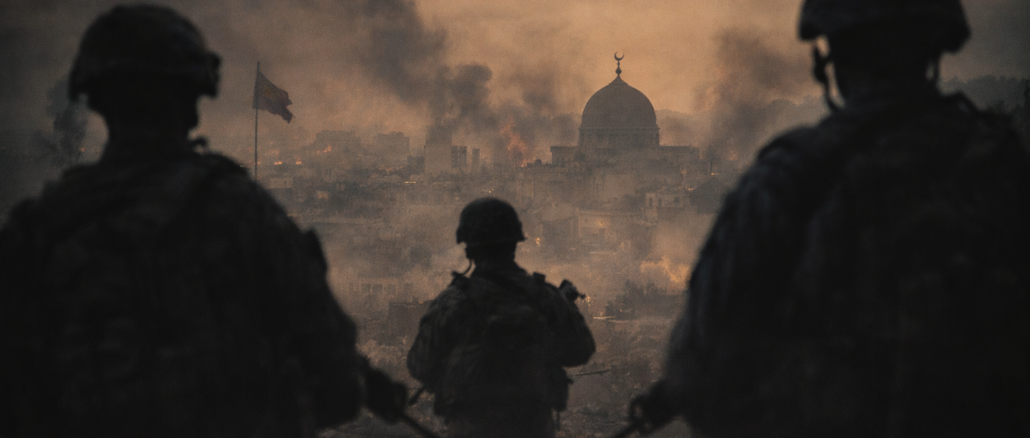 religión política conflicto moderno en guerras del siglo XXI con soldados y ciudad en crisis