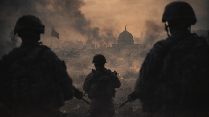 religión política conflicto moderno en guerras del siglo XXI con soldados y ciudad en crisis