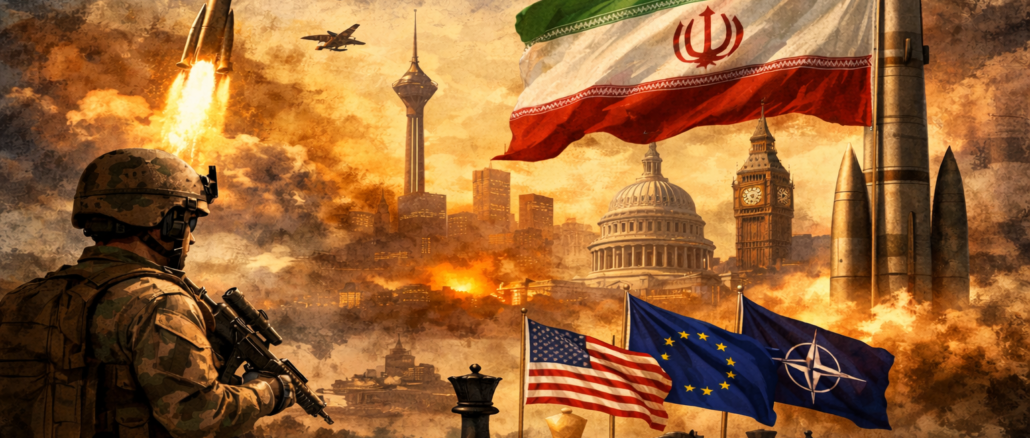 Tensión geopolítica entre Occidente e Irán representada con misiles, banderas de EE. UU., UE y OTAN y símbolos de disuasión militar.
