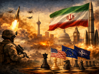 Tensión geopolítica entre Occidente e Irán representada con misiles, banderas de EE. UU., UE y OTAN y símbolos de disuasión militar.