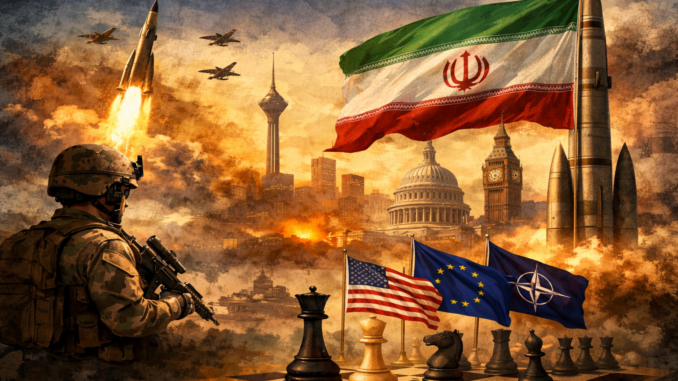 Tensión geopolítica entre Occidente e Irán representada con misiles, banderas de EE. UU., UE y OTAN y símbolos de disuasión militar.