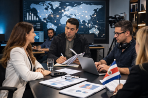 Equipo editorial de Impacto Noticias CR analizando geopolítica frente a un mapa mundial