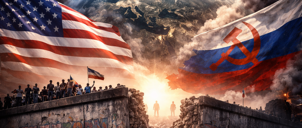 Representación del fin de la Guerra Fría en los años 90 con banderas de Estados Unidos y la Unión Soviética y transición hacia un nuevo orden mundial