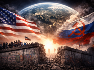 Representación del fin de la Guerra Fría en los años 90 con banderas de Estados Unidos y la Unión Soviética y transición hacia un nuevo orden mundial