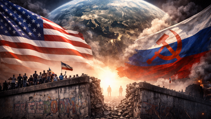 Representación del fin de la Guerra Fría en los años 90 con banderas de Estados Unidos y la Unión Soviética y transición hacia un nuevo orden mundial