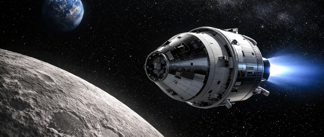 Cápsula Orion en misión de espacio profundo Artemis orbitando la Luna con la Tierra al fondo