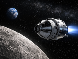 Cápsula Orion en misión de espacio profundo Artemis orbitando la Luna con la Tierra al fondo