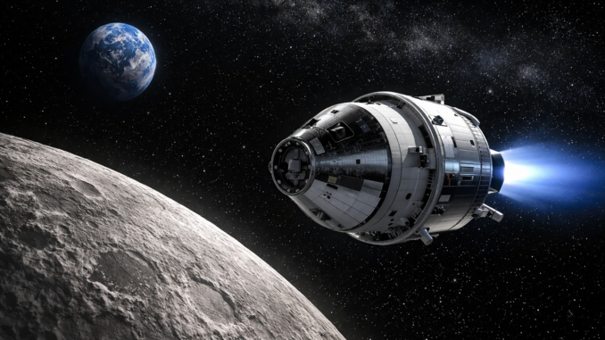 Cápsula Orion en misión de espacio profundo Artemis orbitando la Luna con la Tierra al fondo