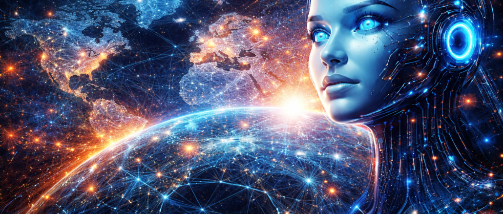 carrera global por la inteligencia artificial mapa del mundo digital y rostro de inteligencia artificial