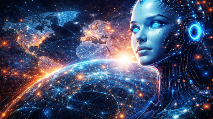 carrera global por la inteligencia artificial mapa del mundo digital y rostro de inteligencia artificial