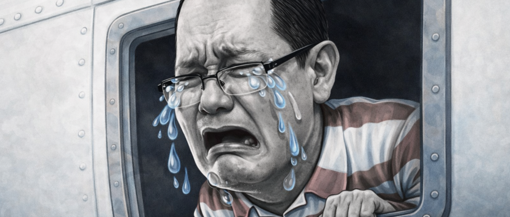 caricatura de Celso Gamboa llorando en ventana de avión durante extradición hacia Estados Unidos