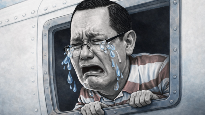 caricatura de Celso Gamboa llorando en ventana de avión durante extradición hacia Estados Unidos