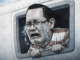 caricatura de Celso Gamboa llorando en ventana de avión durante extradición hacia Estados Unidos
