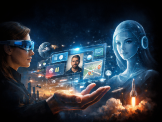 Celulares del futuro con interfaz holográfica, realidad aumentada e inteligencia artificial proyectada frente a un usuario.