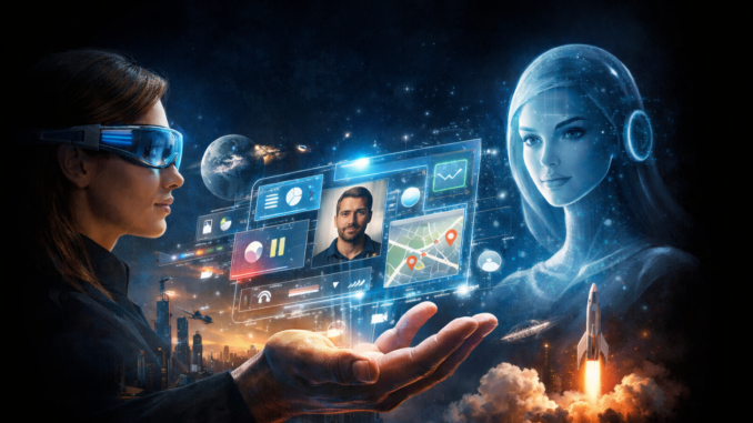 Celulares del futuro con interfaz holográfica, realidad aumentada e inteligencia artificial proyectada frente a un usuario.