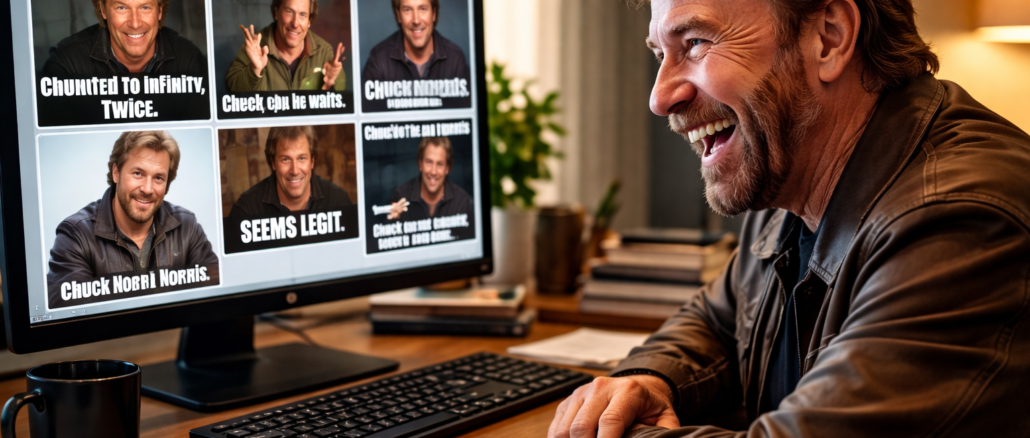 Chuck Norris viendo sus propios memes en una computadora en internet