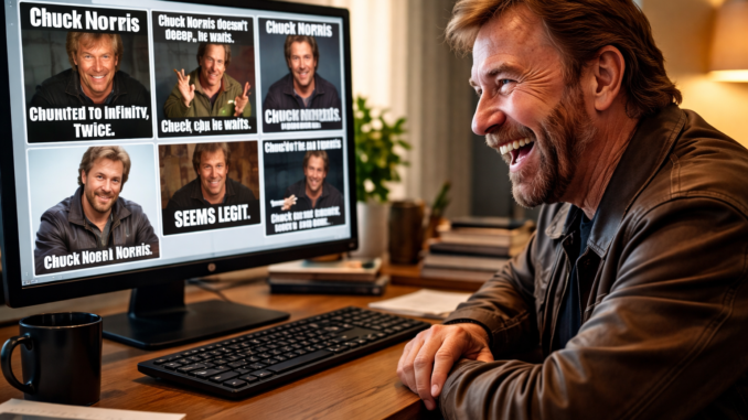 Chuck Norris viendo sus propios memes en una computadora en internet