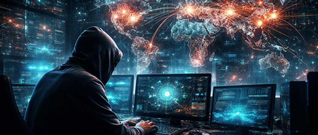 Ciberataques en la guerra moderna con hacker operando frente a mapa global digital con ataques en tiempo real