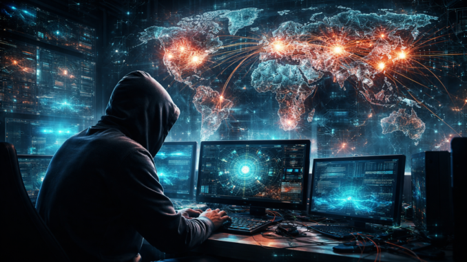 Ciberataques en la guerra moderna con hacker operando frente a mapa global digital con ataques en tiempo real