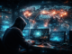 Ciberataques en la guerra moderna con hacker operando frente a mapa global digital con ataques en tiempo real