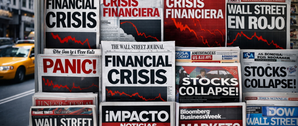 Quiosco de periódicos en Nueva York con portadas sobre la crisis financiera de 2008 y caída de Wall Street