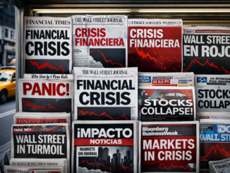 Quiosco de periódicos en Nueva York con portadas sobre la crisis financiera de 2008 y caída de Wall Street