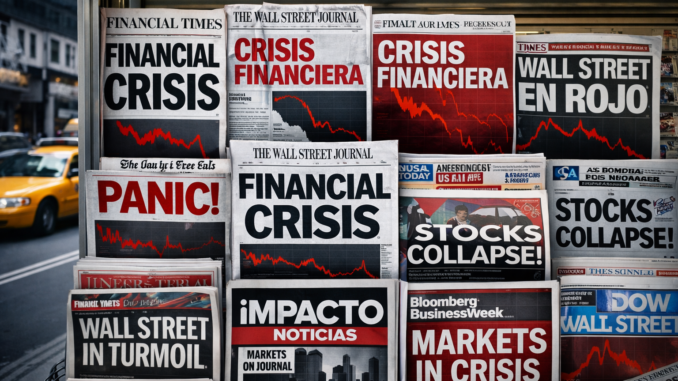 Quiosco de periódicos en Nueva York con portadas sobre la crisis financiera de 2008 y caída de Wall Street