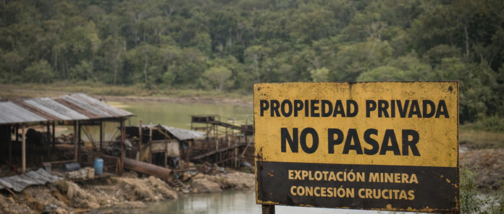 Sitio de explotación minera en Crucitas, Costa Rica, zona afectada por minería ilegal y debate político sobre proyecto legislativo.