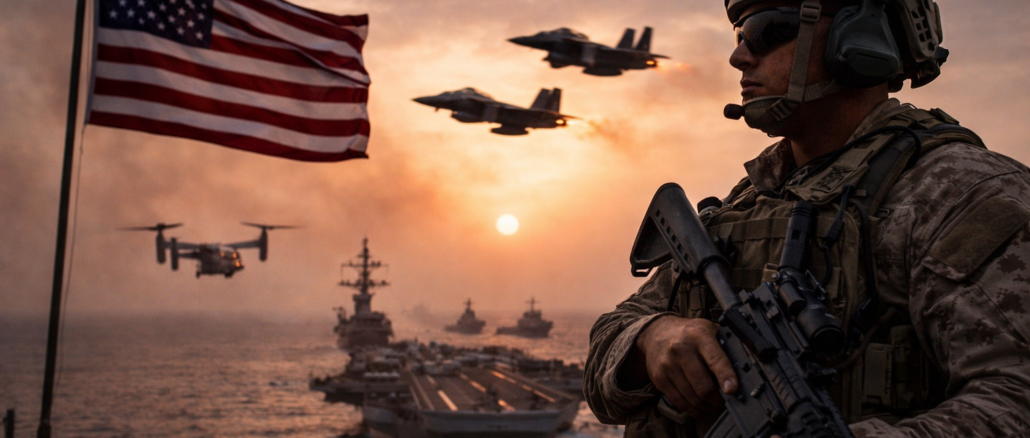 soldado de Estados Unidos con portaaviones y aviones de combate en despliegue militar en Medio Oriente