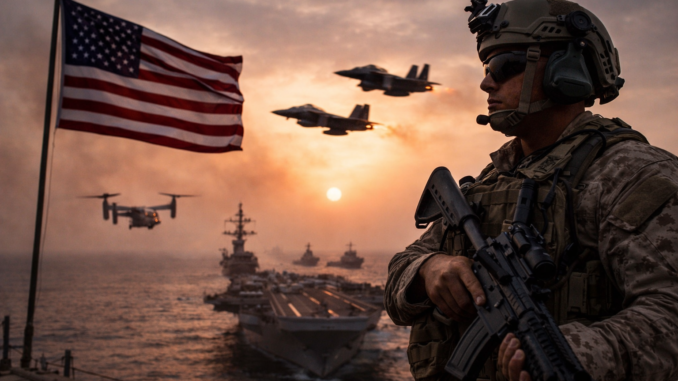soldado de Estados Unidos con portaaviones y aviones de combate en despliegue militar en Medio Oriente