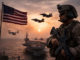 soldado de Estados Unidos con portaaviones y aviones de combate en despliegue militar en Medio Oriente