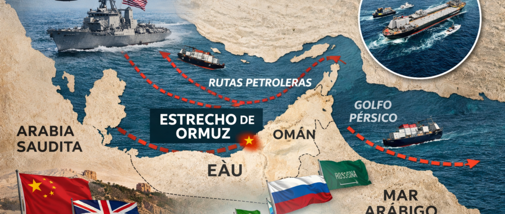 estrecho de Ormuz conflicto con rutas petroleras y presencia militar internacional