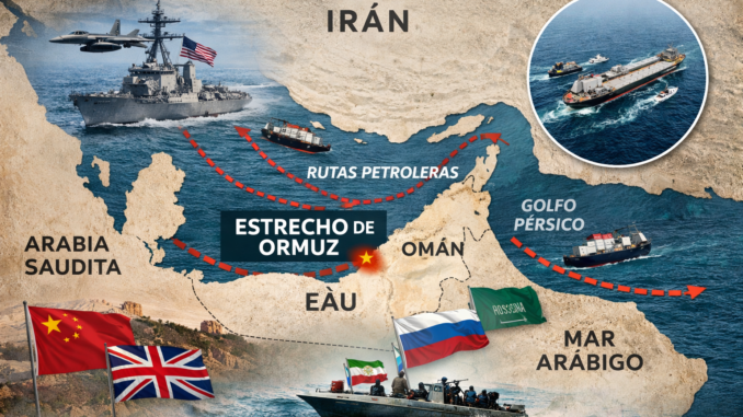estrecho de Ormuz conflicto con rutas petroleras y presencia militar internacional
