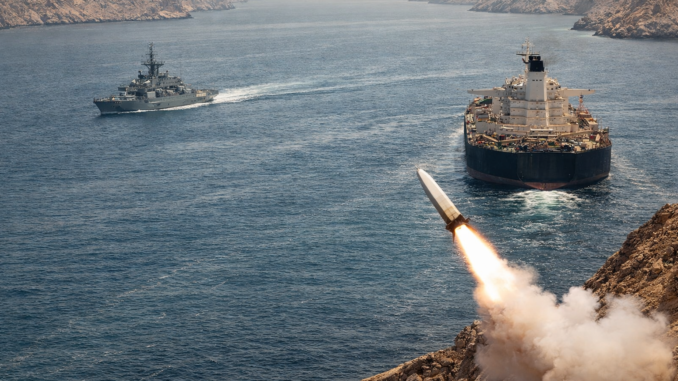 petrolero y buque militar en el estrecho de Ormuz con lanzamiento de misil en medio de tensión geopolítica