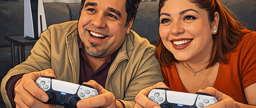 gaming cultura pop en estilo caricatura tipo gta con pareja jugando videojuegos en consola