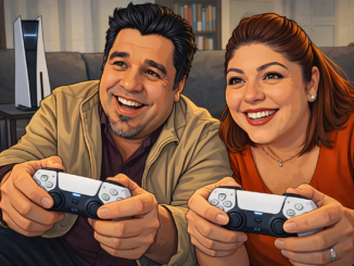 gaming cultura pop en estilo caricatura tipo gta con pareja jugando videojuegos en consola