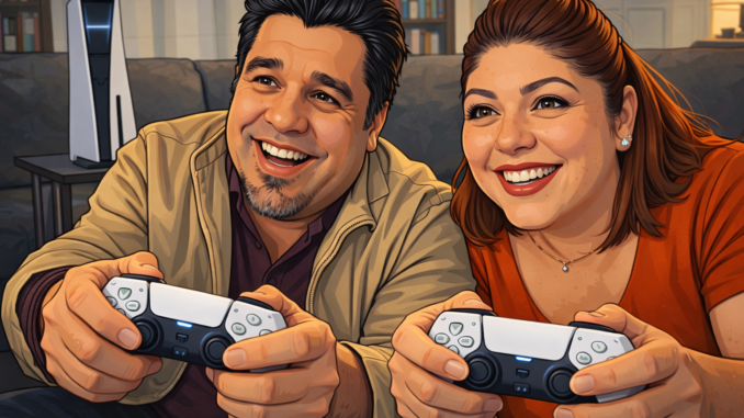 gaming cultura pop en estilo caricatura tipo gta con pareja jugando videojuegos en consola