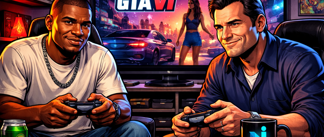 Franklin Clinton y Michael De Santa jugando GTA 6 en una gaming room estilo Grand Theft Auto