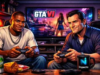 Franklin Clinton y Michael De Santa jugando GTA 6 en una gaming room estilo Grand Theft Auto