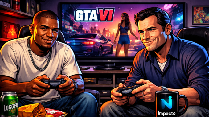 Franklin Clinton y Michael De Santa jugando GTA 6 en una gaming room estilo Grand Theft Auto