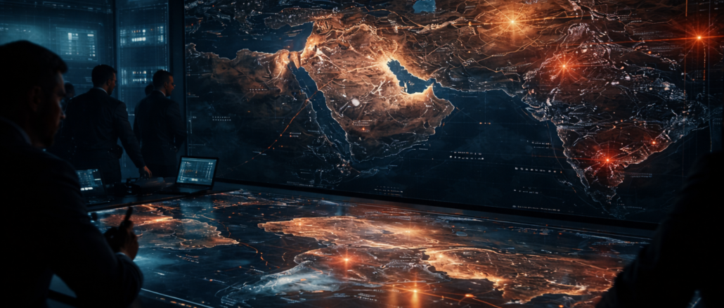 guerra con Irán análisis en mapa estratégico digital del Medio Oriente con movimientos geopolíticos