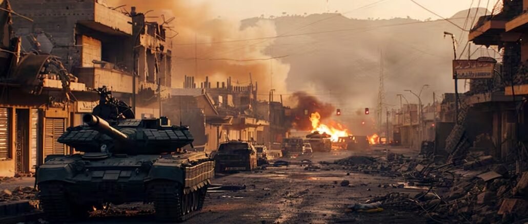 Tanque militar en ciudad destruida tras ataque en Irán con explosiones y fuego en zona urbana