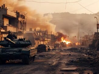 Tanque militar en ciudad destruida tras ataque en Irán con explosiones y fuego en zona urbana